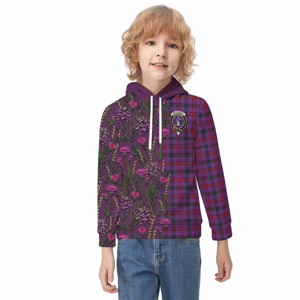 Montgomery Family Crest Tartan Kid Hoodie Scottish Thistle Flower Pattern Half Style - Tartan Vibes Clothing