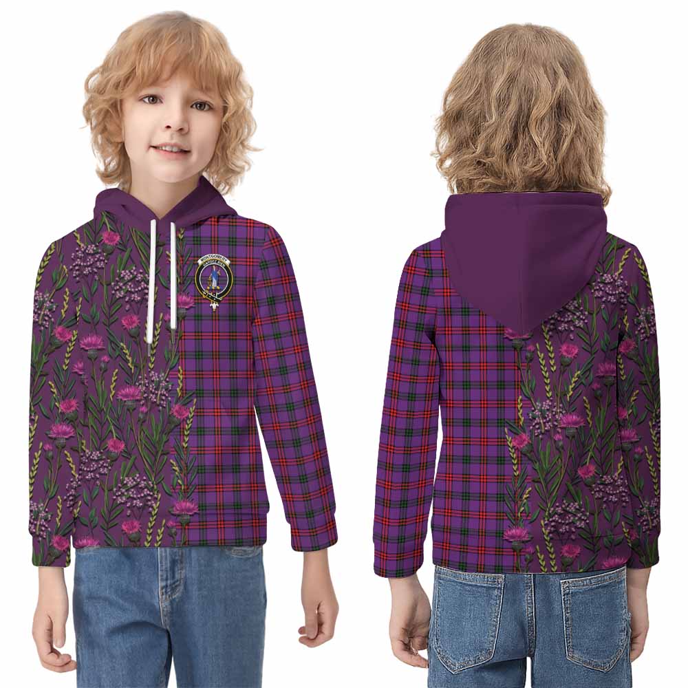 Montgomery Family Crest Tartan Kid Hoodie Scottish Thistle Flower Pattern Half Style - Tartan Vibes Clothing