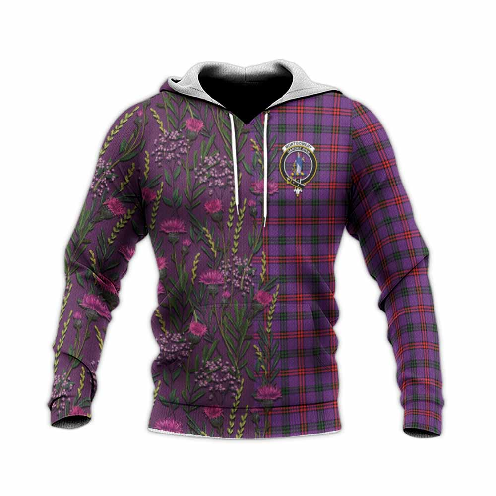 Montgomery Family Crest Tartan Knitted Hoodie Scottish Thistle Flower Pattern Half Style - Tartan Vibes Clothing