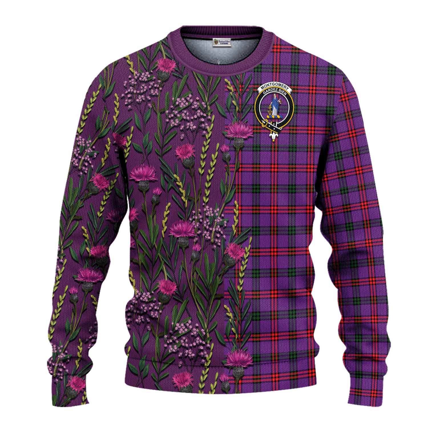 Montgomery Family Crest Tartan Knitted Sweater Scottish Thistle Flower Pattern Half Style - Tartan Vibes Clothing