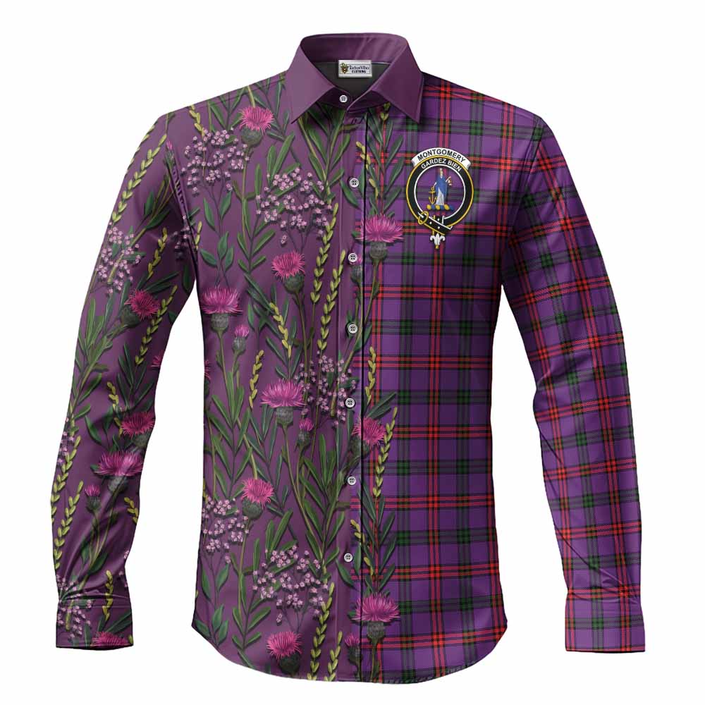 Montgomery Family Crest Tartan Long Sleeve Button Shirts Scottish Thistle Flower Pattern Half Style - Tartan Vibes Clothing
