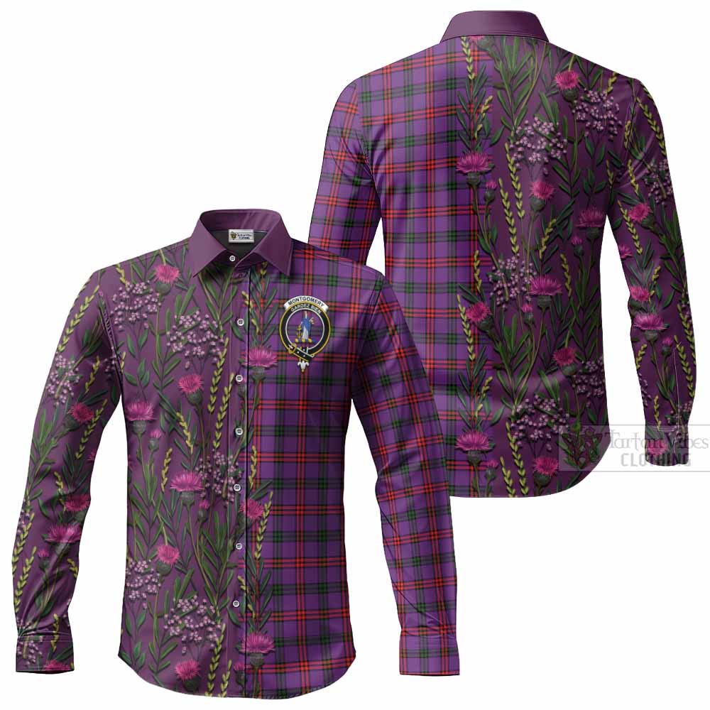 Montgomery Family Crest Tartan Long Sleeve Button Shirts Scottish Thistle Flower Pattern Half Style - Tartan Vibes Clothing