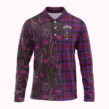 Montgomery Family Crest Tartan Long Sleeve Polo Shirt Scottish Thistle Flower Pattern Half Style