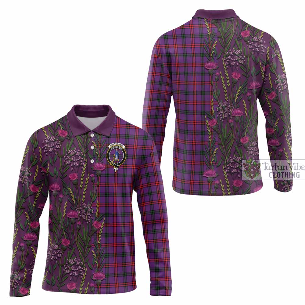 Montgomery Family Crest Tartan Long Sleeve Polo Shirt Scottish Thistle Flower Pattern Half Style - Tartan Vibes Clothing