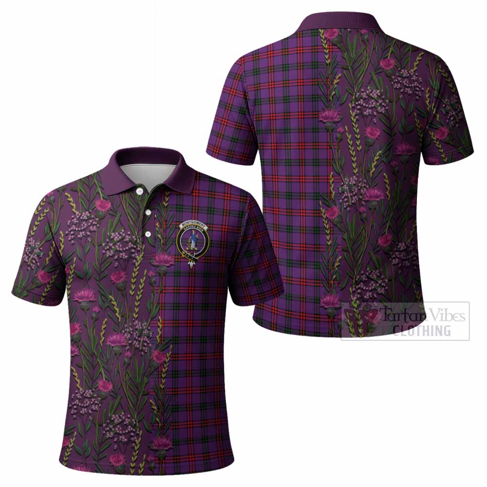 Montgomery Family Crest Tartan Polo Shirt Scottish Thistle Flower Pattern Half Style - Tartan Vibes Clothing