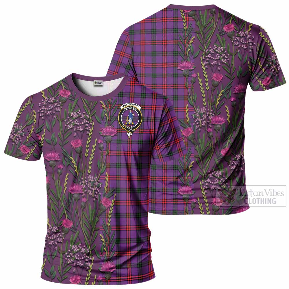 Montgomery Family Crest Tartan T-Shirt Scottish Thistle Flower Pattern Half Style - Tartan Vibes Clothing