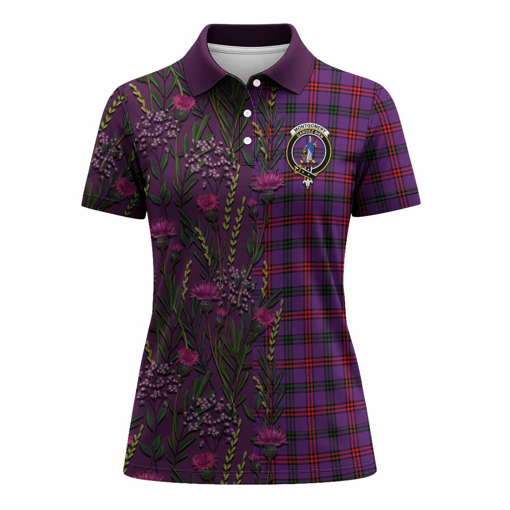 Montgomery Family Crest Tartan Women Polo Shirt Scottish Thistle Flower Pattern Half Style - Tartan Vibes Clothing
