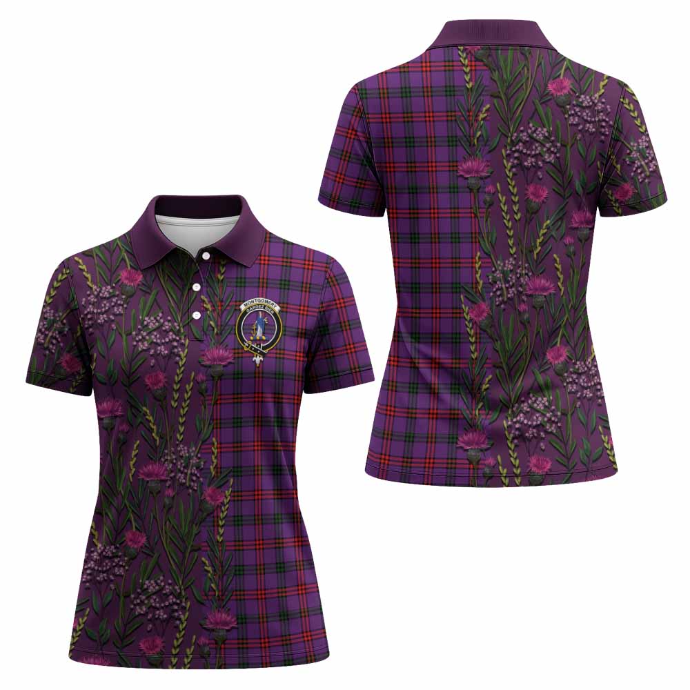 Montgomery Family Crest Tartan Women Polo Shirt Scottish Thistle Flower Pattern Half Style - Tartan Vibes Clothing