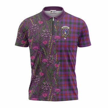 Montgomery Family Crest Tartan Zipper Polo Shirt Scottish Thistle Flower Pattern Half Style