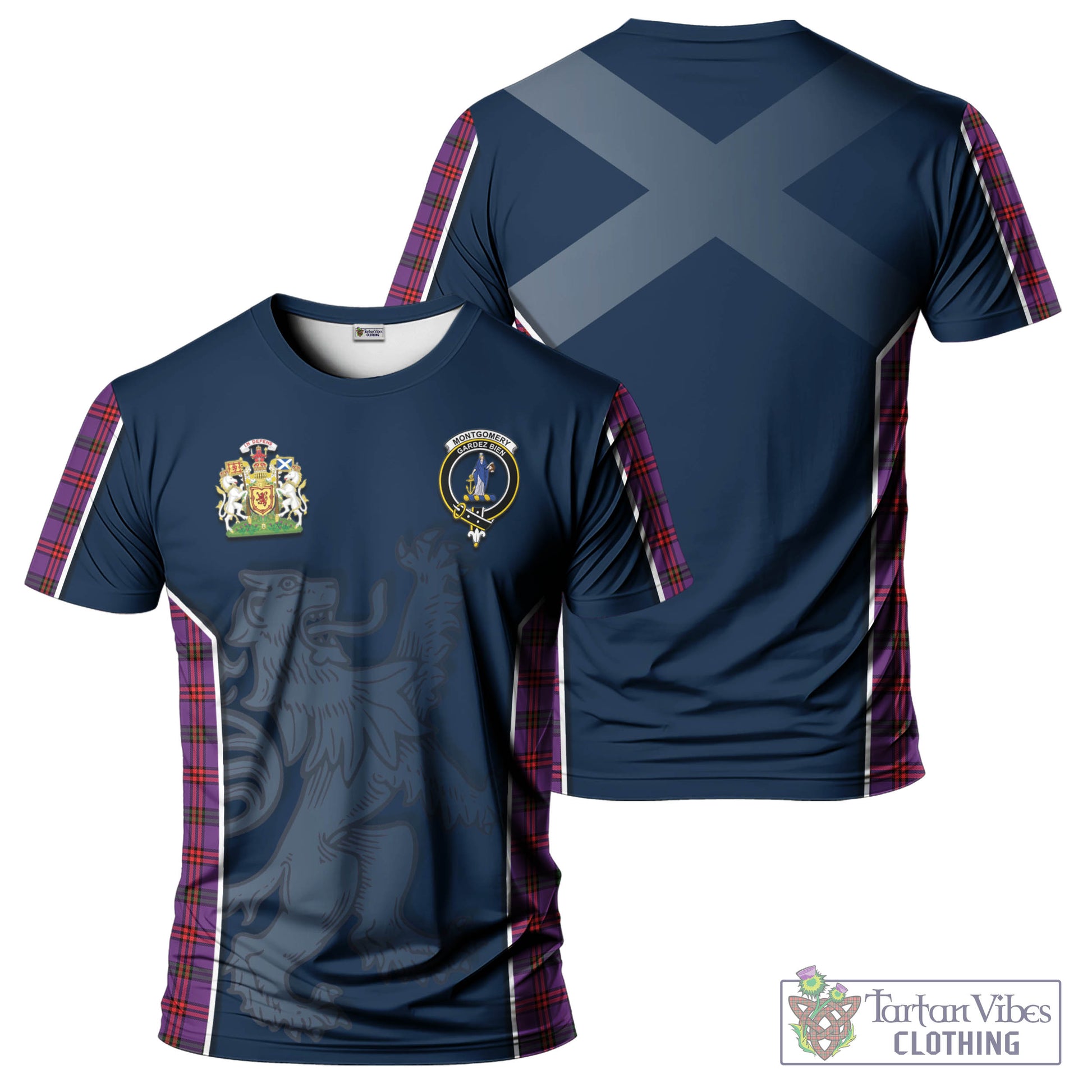 Tartan Vibes Clothing Montgomery Modern Tartan T-Shirt with Family Crest and Lion Rampant Vibes Sport Style