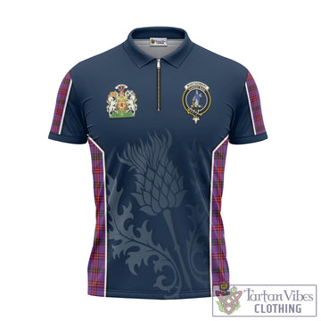Montgomery Modern Tartan Zipper Polo Shirt with Family Crest and Scottish Thistle Vibes Sport Style