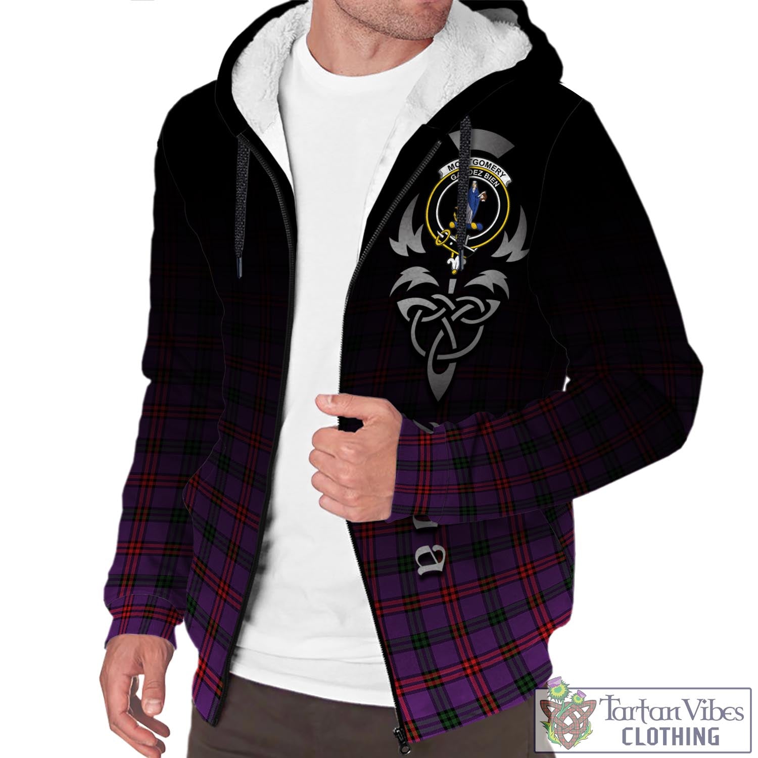 Tartan Vibes Clothing Montgomery Modern Tartan Sherpa Hoodie Featuring Alba Gu Brath Family Crest Celtic Inspired