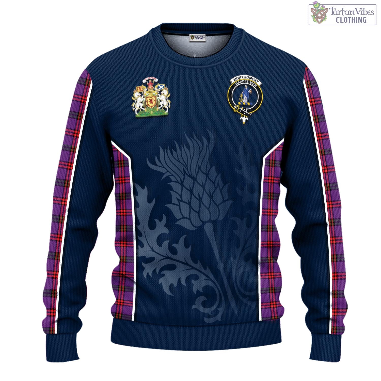 Tartan Vibes Clothing Montgomery Modern Tartan Knitted Sweatshirt with Family Crest and Scottish Thistle Vibes Sport Style