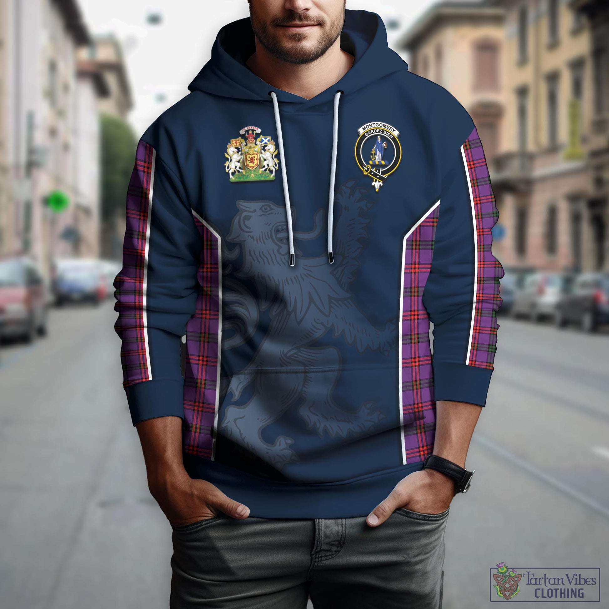 Tartan Vibes Clothing Montgomery Modern Tartan Hoodie with Family Crest and Lion Rampant Vibes Sport Style