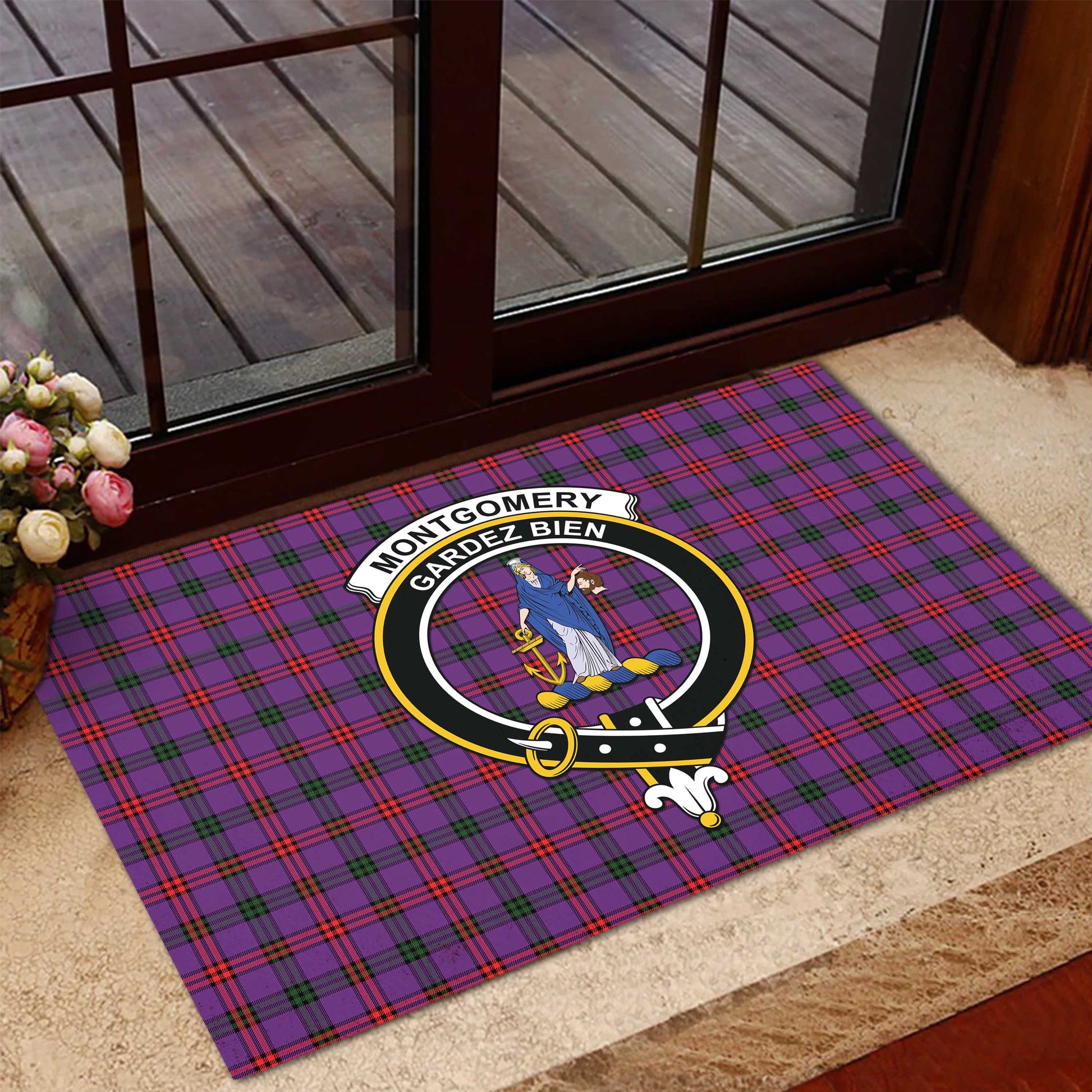 Montgomery Modern Tartan Door Mat with Family Crest - Tartanvibesclothing