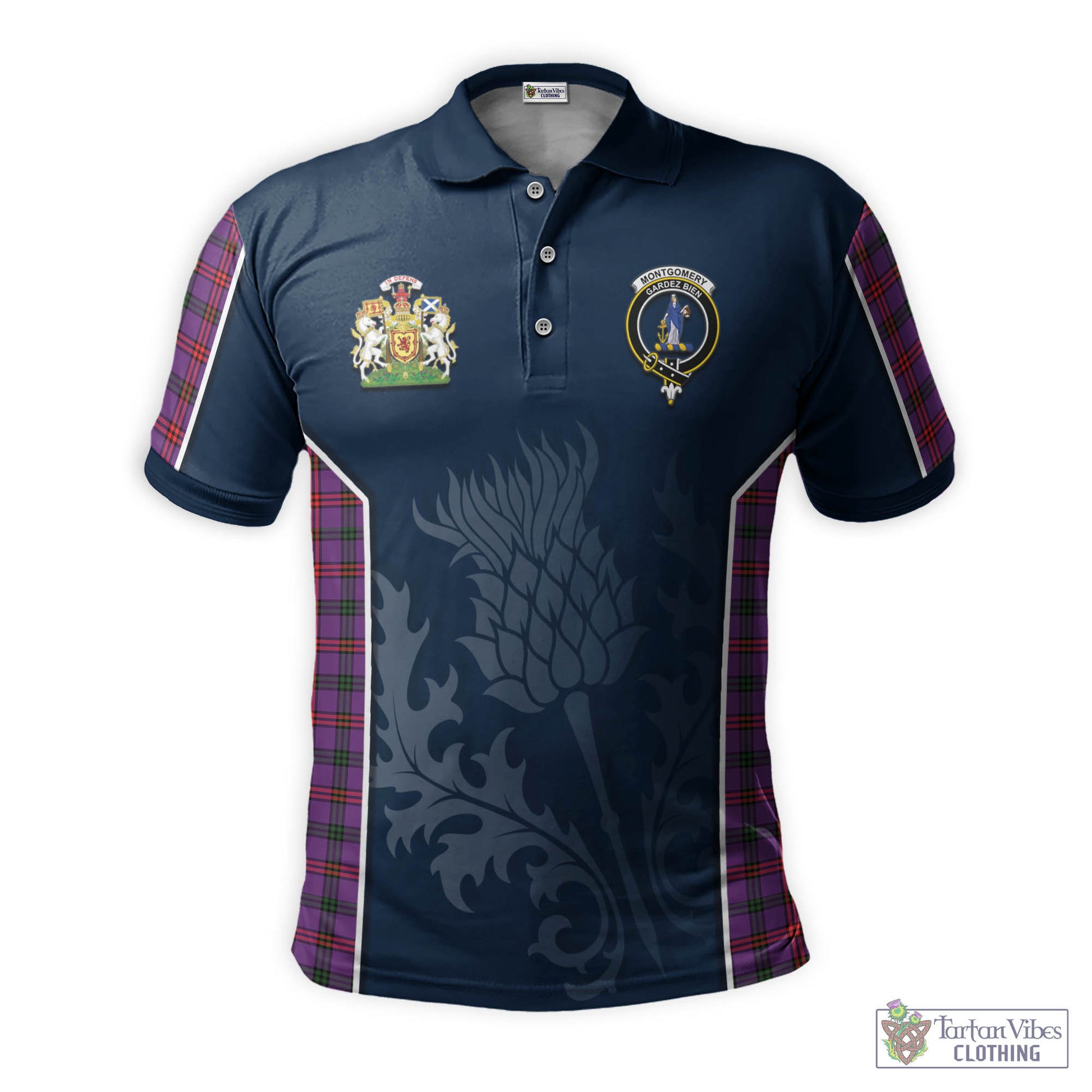Tartan Vibes Clothing Montgomery Modern Tartan Men's Polo Shirt with Family Crest and Scottish Thistle Vibes Sport Style