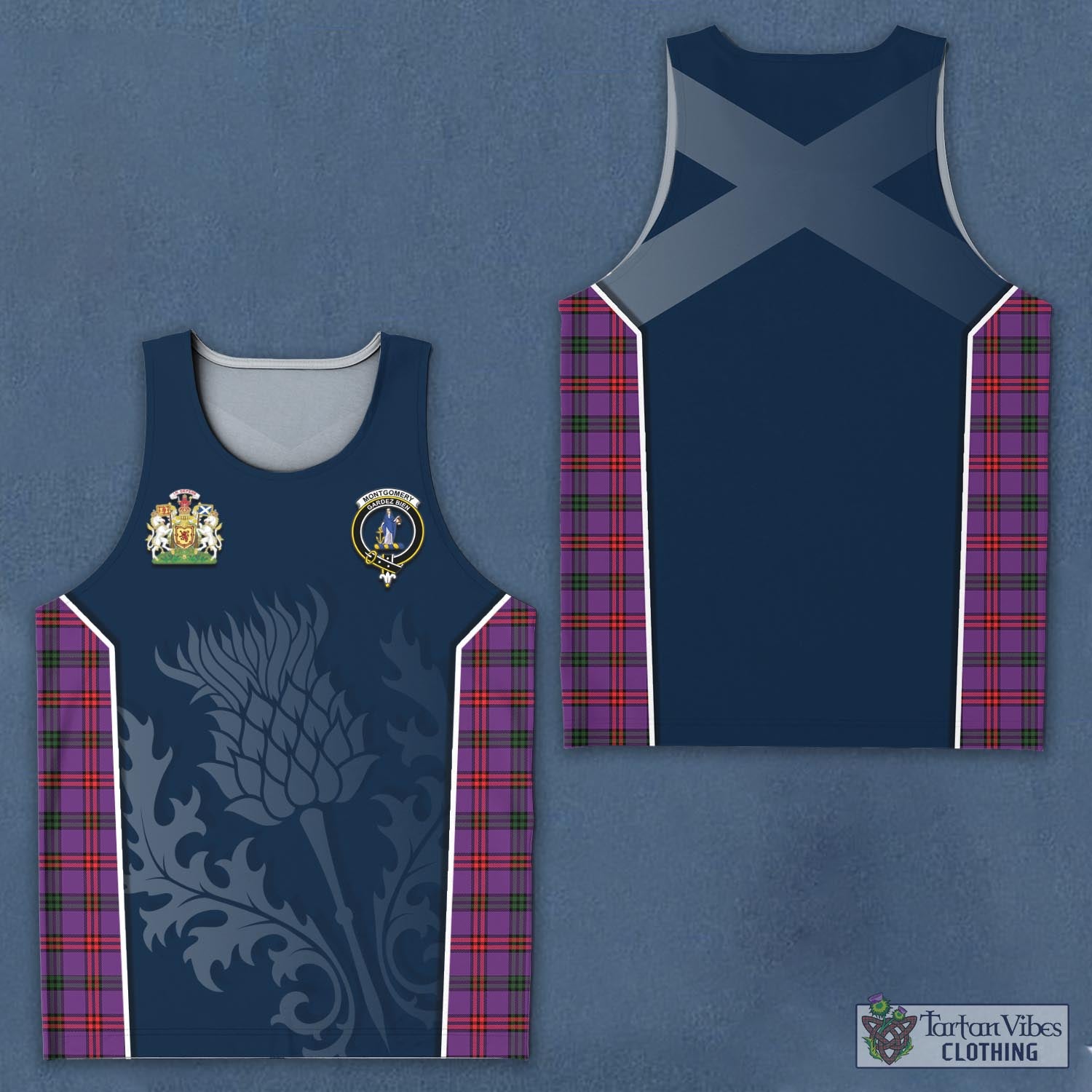 Tartan Vibes Clothing Montgomery Modern Tartan Men's Tanks Top with Family Crest and Scottish Thistle Vibes Sport Style