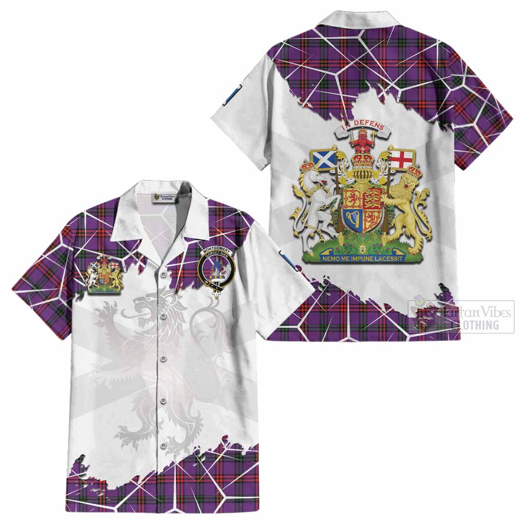 Montgomery Tartan Cotton Hawaiian Shirt with Family Crest and Lion Rampant Grunge Style