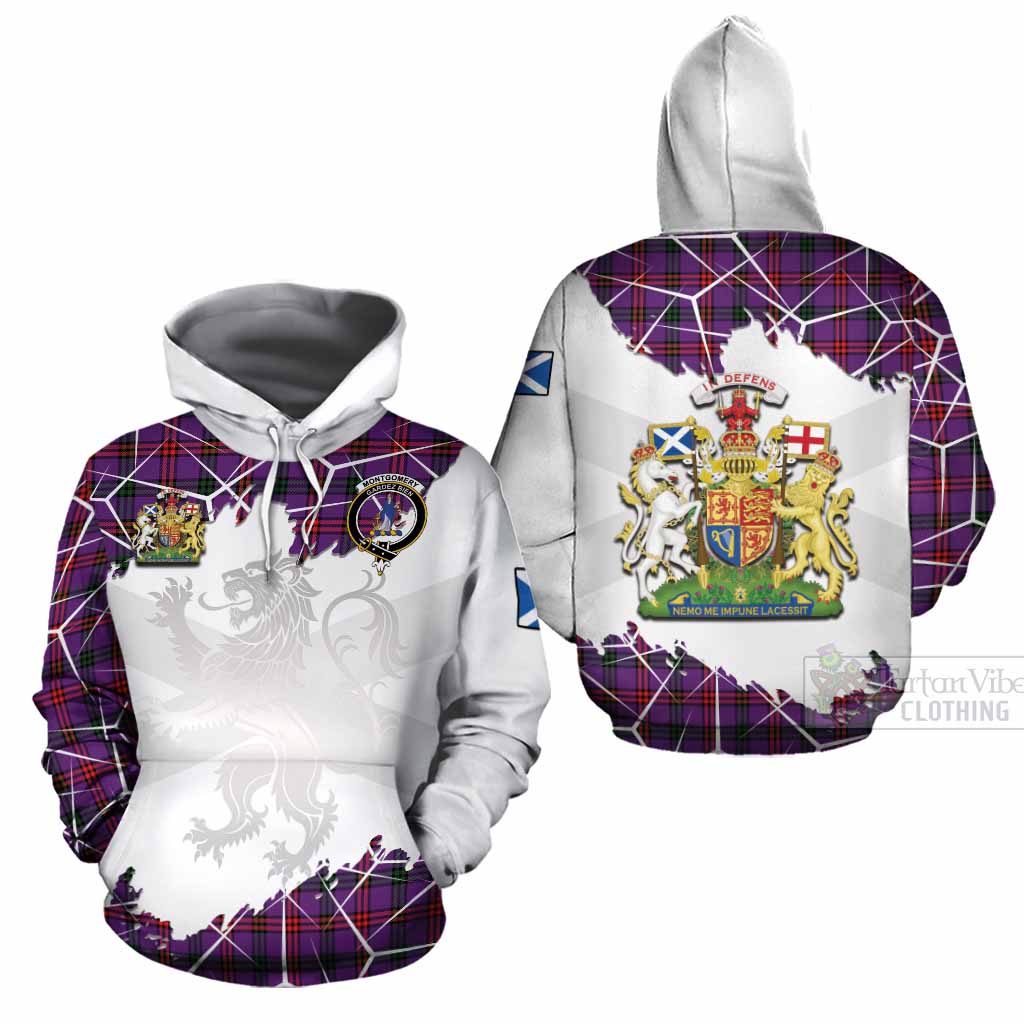 Montgomery Tartan Cotton Hoodie with Family Crest and Lion Rampant Grunge Style