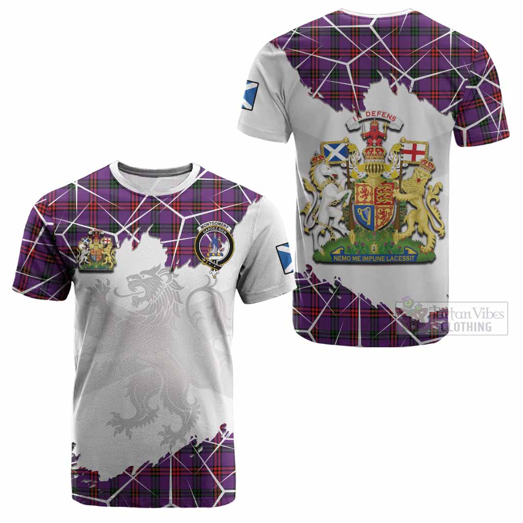Montgomery Tartan Cotton T-shirt with Family Crest and Lion Rampant Grunge Style