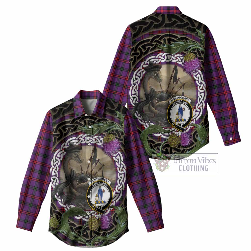 Montgomery Tartan Crest Bagpipe Nessie Women Casual Shirt Scottish Loch Ness Monster Celtic Thistle