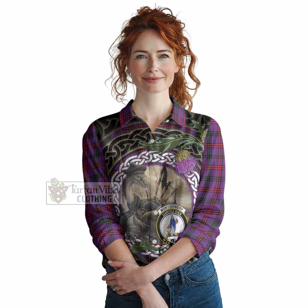 Montgomery Tartan Crest Bagpipe Nessie Women Casual Shirt Scottish Loch Ness Monster Celtic Thistle