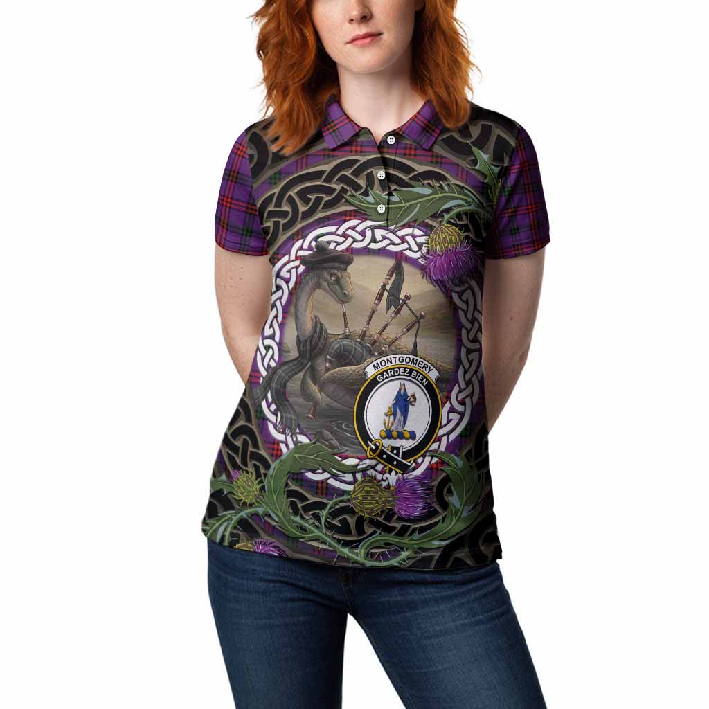 Montgomery Tartan Crest Bagpipe Nessie Women Polo Shirt Scottish Loch Ness Monster Celtic Thistle