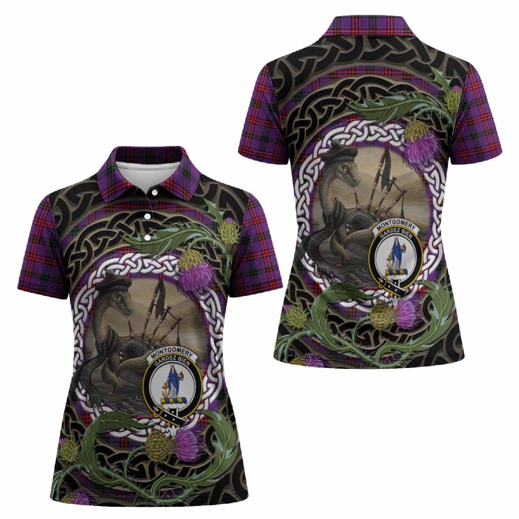 Montgomery Tartan Crest Bagpipe Nessie Women Polo Shirt Scottish Loch Ness Monster Celtic Thistle