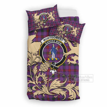 Montgomery Tartan Crest Bedding Set with Scottish Iconic Symbols 
