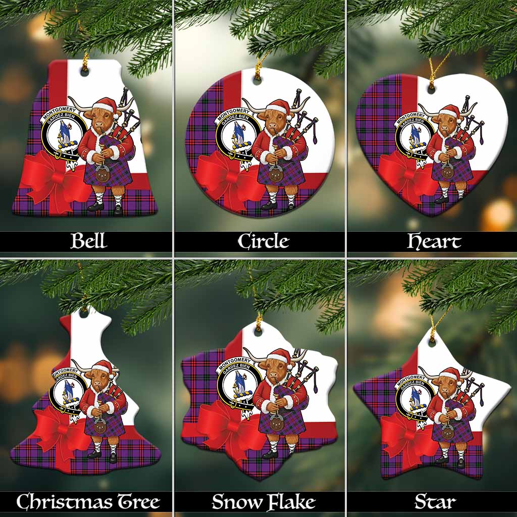 Montgomery Tartan Crest Christmas Ceramic Ornament Highland Cow Bagpipes Coquette Bow Style