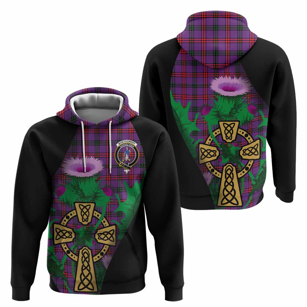 Montgomery Tartan Crest Hoodie Celtic Cross Thistle Flowers