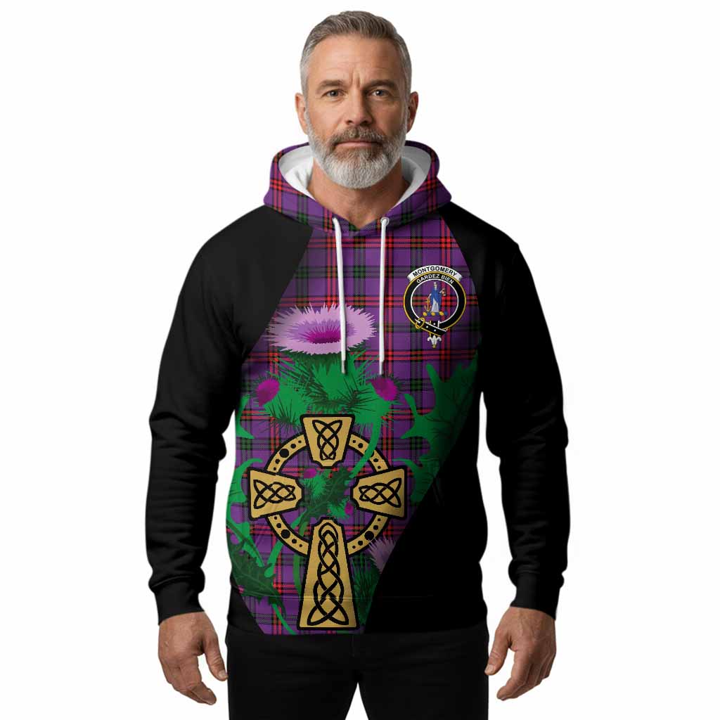 Montgomery Tartan Crest Hoodie Celtic Cross Thistle Flowers
