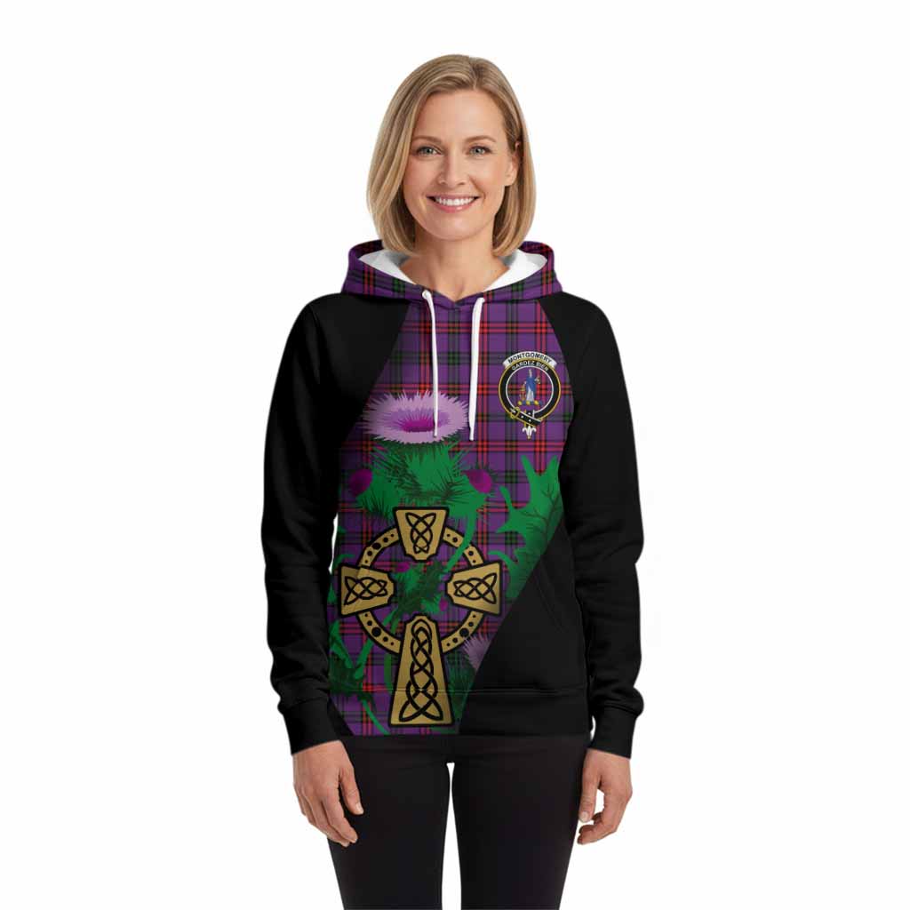 Montgomery Tartan Crest Hoodie Celtic Cross Thistle Flowers