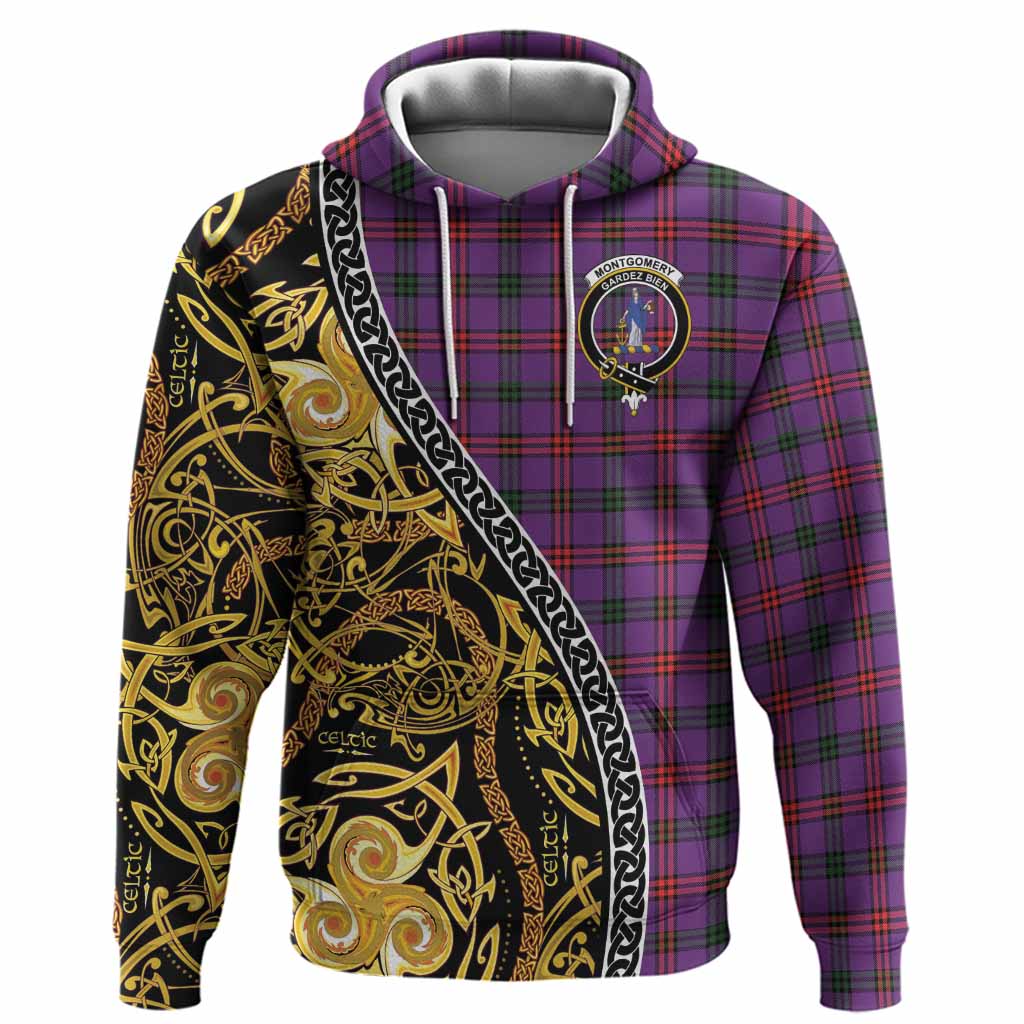 Montgomery Tartan Crest Hoodie Celtic Knot and Triple Trickle Spiral Symbols