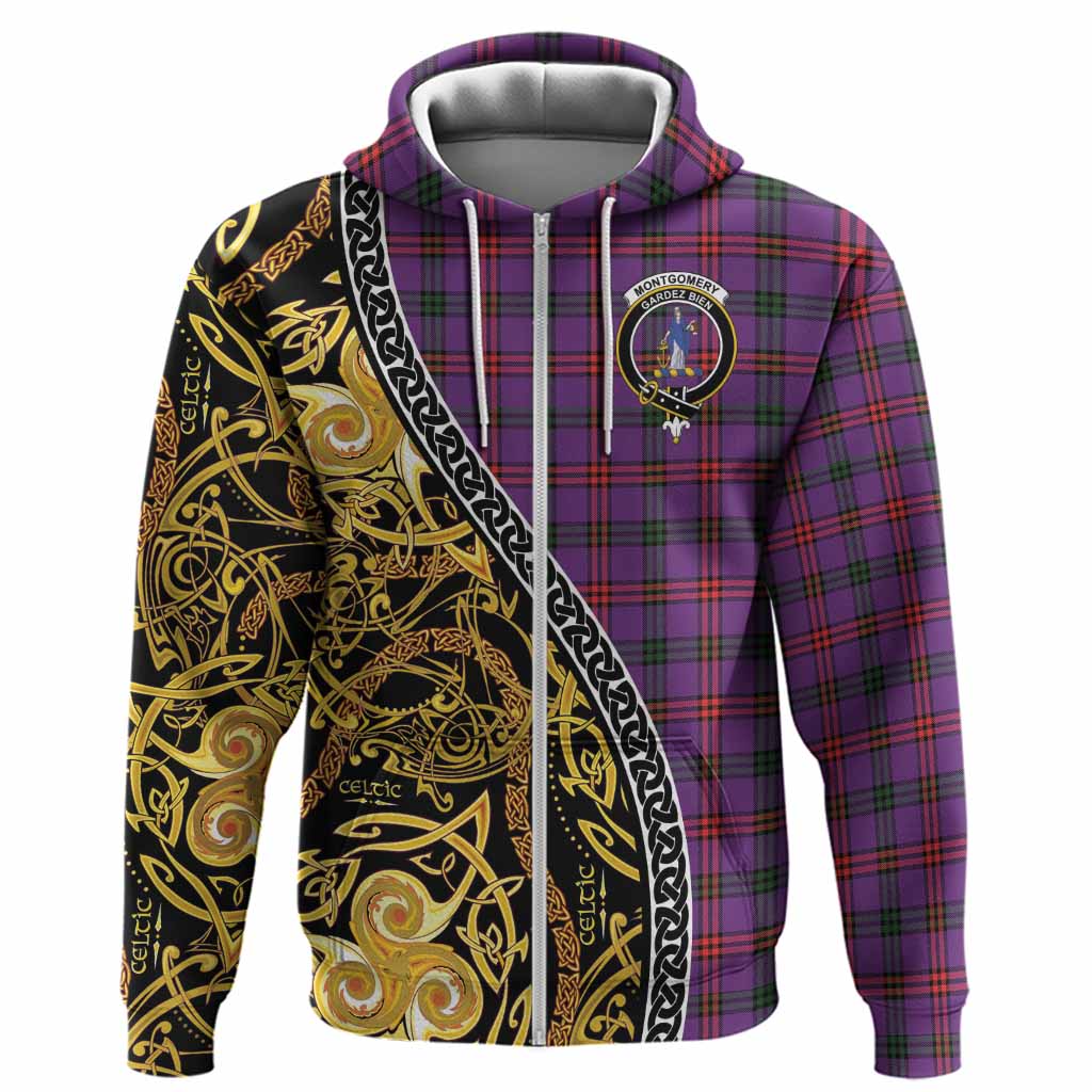 Montgomery Tartan Crest Hoodie Celtic Knot and Triple Trickle Spiral Symbols