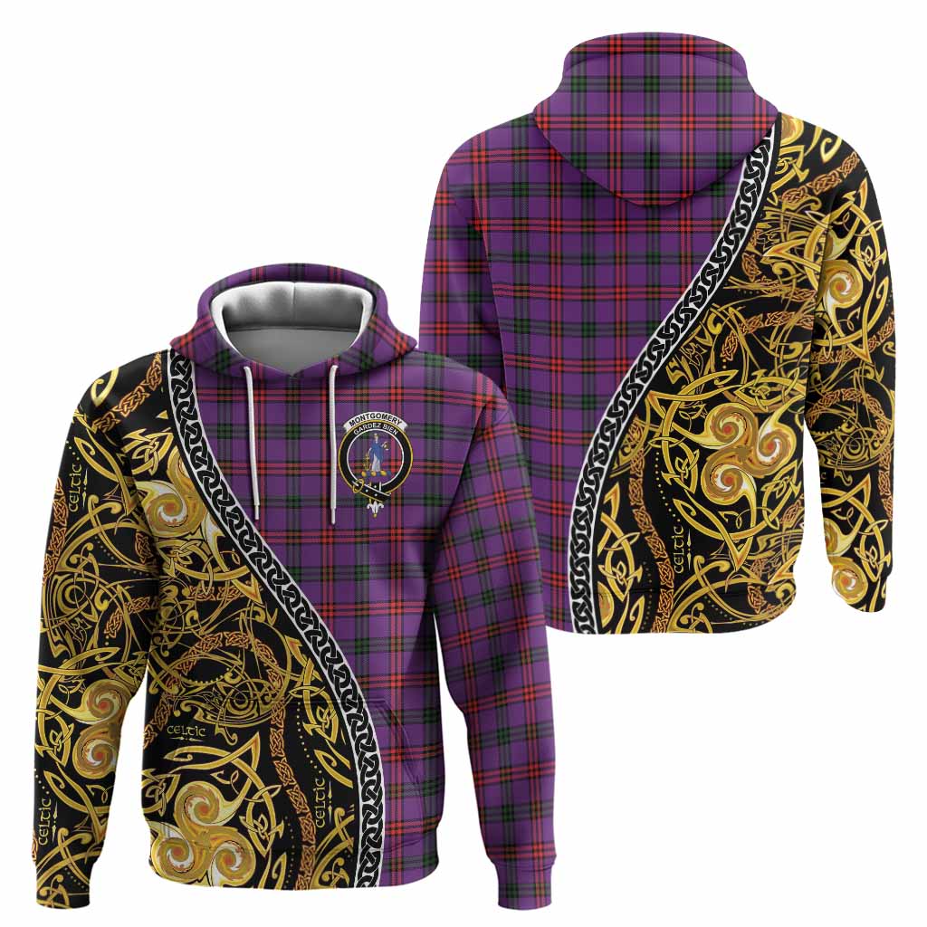Montgomery Tartan Crest Hoodie Celtic Knot and Triple Trickle Spiral Symbols