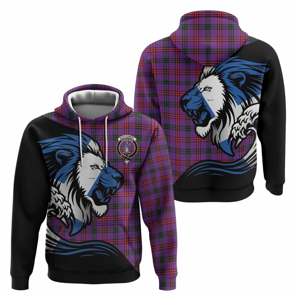Montgomery Tartan Crest Hoodie Scottish Golden Lions Wave Flow