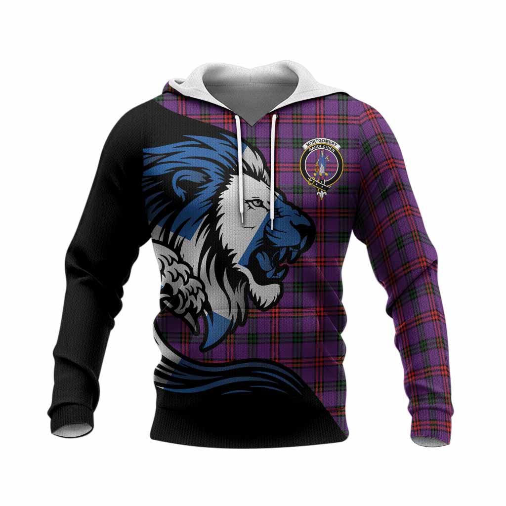 Montgomery Tartan Crest Knitted Hoodie Scottish Golden Lions Wave Flow