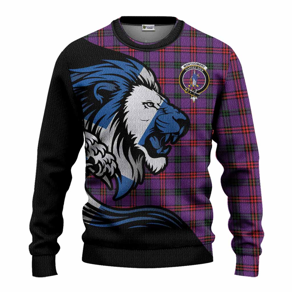 Montgomery Tartan Crest Knitted Sweater Scottish Golden Lions Wave Flow