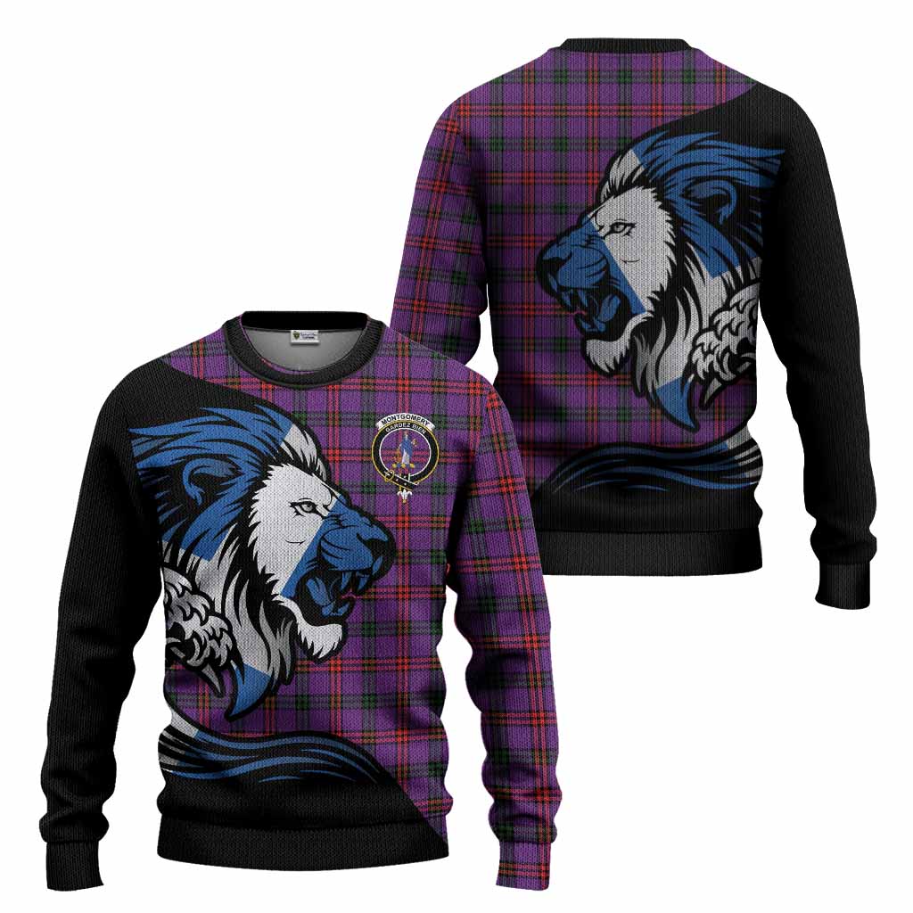 Montgomery Tartan Crest Knitted Sweater Scottish Golden Lions Wave Flow