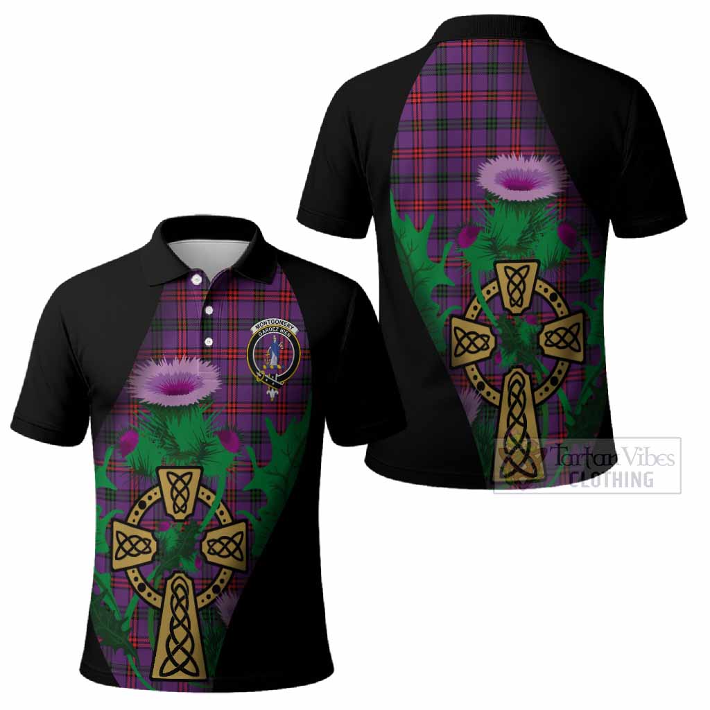 Montgomery Tartan Crest Polo Shirt Celtic Cross Thistle Flowers