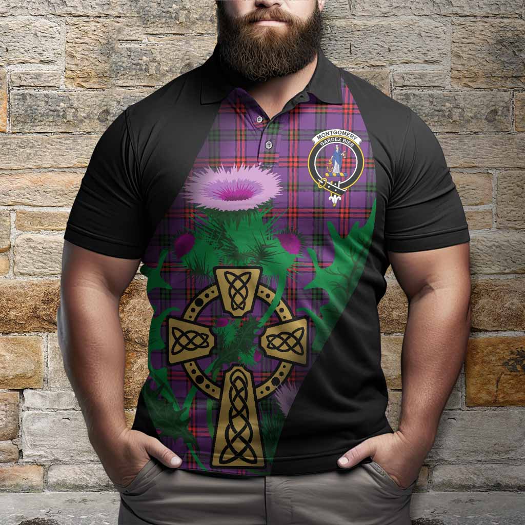 Montgomery Tartan Crest Polo Shirt Celtic Cross Thistle Flowers