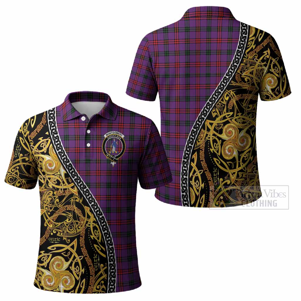 Montgomery Tartan Crest Polo Shirt Celtic Knot and Triple Trickle Spiral Symbols