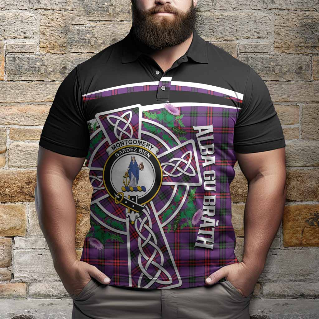 Montgomery Tartan Crest Polo Shirt Scottish Thistle Celtic Cross Alba Gu Brath