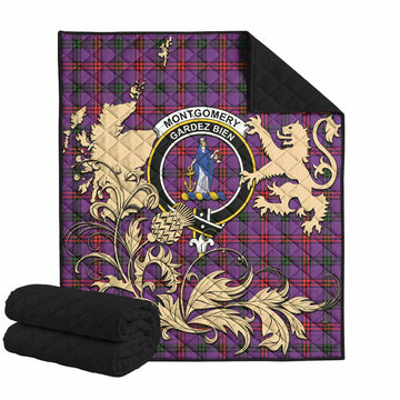 Montgomery Tartan Crest Premium Quilt with Scottish Iconic Symbols 