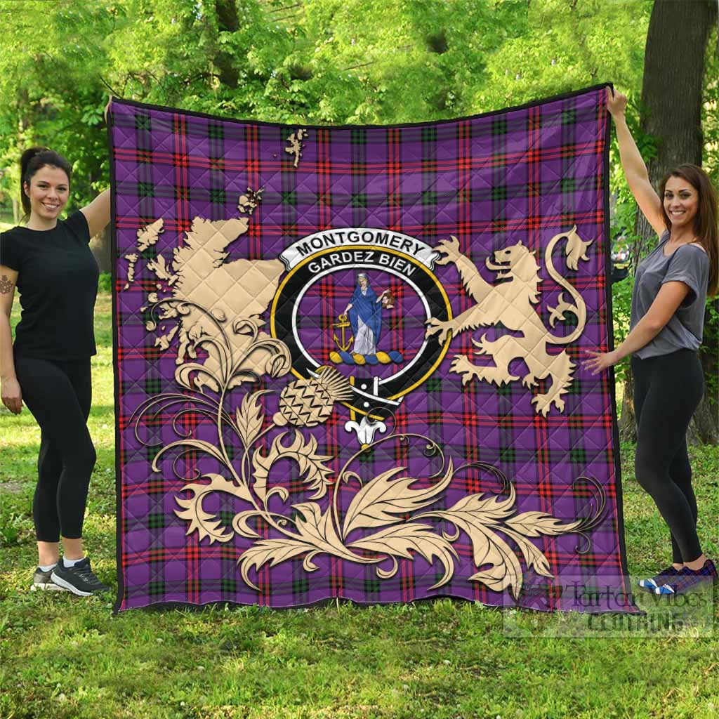 Montgomery Tartan Crest Premium Quilt with Scottish Iconic Symbols 