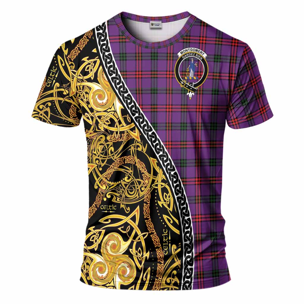 Montgomery Tartan Crest T-Shirt Celtic Knot and Triple Trickle Spiral Symbols