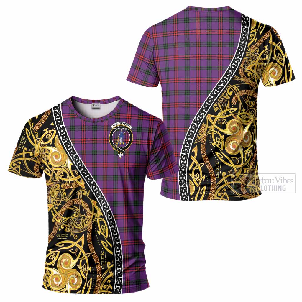 Montgomery Tartan Crest T-Shirt Celtic Knot and Triple Trickle Spiral Symbols