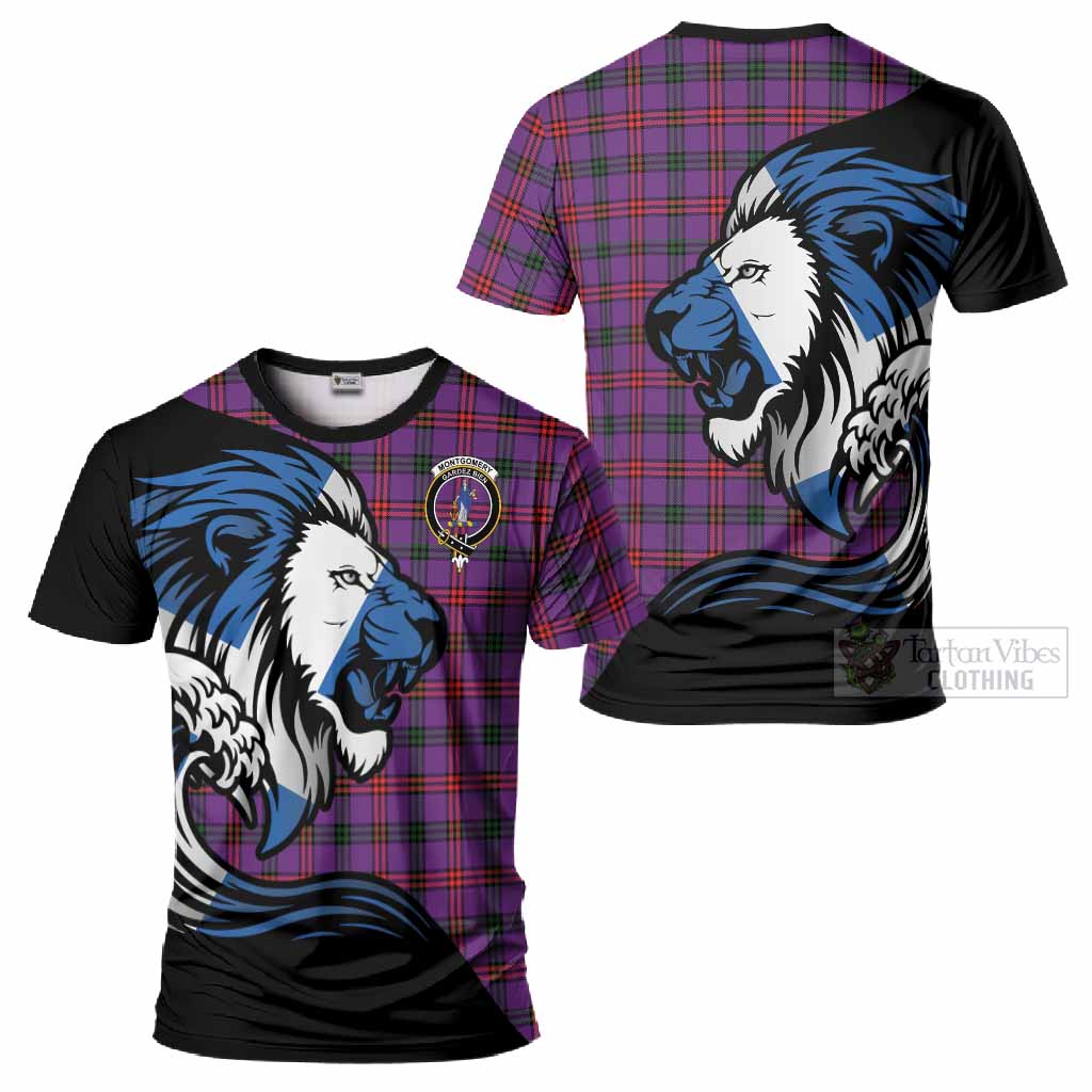 Montgomery Tartan Crest T-Shirt Scottish Golden Lions Wave Flow