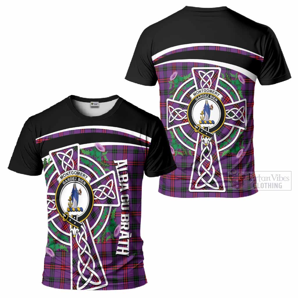 Montgomery Tartan Crest T-Shirt Scottish Thistle Celtic Cross Alba Gu Brath